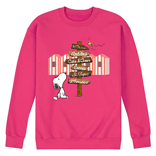 HYBRID APPAREL - Peanuts - Summer Edition - Snoopy Looking for a Destination on Sign - Men's Crew Neck Fleece Pullover - Size Large Magenta