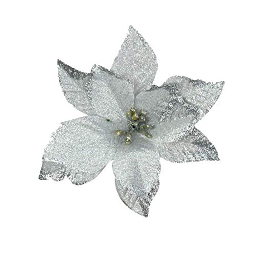 Christmas Glitter Flower Ornaments,Jchen 16Pcs Glitter Bling Christmas Tree Ornaments Artificial Christmas Flowers Christmas Tree Decoration Flower for Christmas Home Party Wedding Decor (Silver)