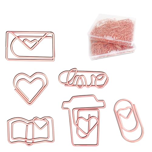 BTSFTOGET 210 Pcs Rose Gold Cute Paper Clips Assorted Sizes and Shapes of Heart, Love, Letter, Book and Coffee Cup Small Bookmark Clips for School Office Home Wedding Women Girls Students