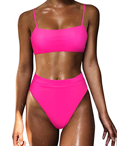 MOSHENGQI Women's High Wasited Shoulder Strap 2 Piece Cut String Swimsuit, 33 Hot Pink, Large