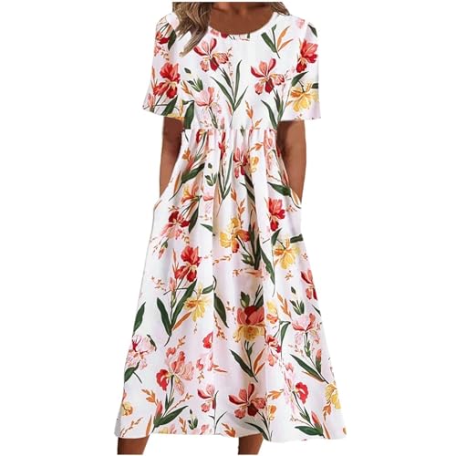 Ladies Tropical Floral Print Dress Elastic Waist Tee Dresses Short Sleeve Round Neck Dress Trendy Summer Flowy Top Dresses