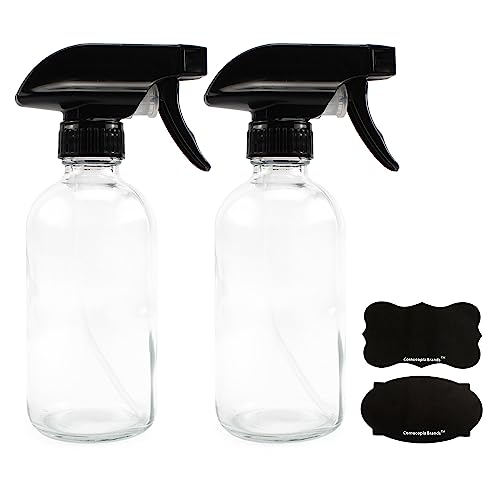 Cornucopia Brands 8-Ounce Clear Glass Spray Bottles (2-Pack); Boston Round Bottles w/ 3-Setting Adjustable Black Heavy Duty Sprayers & Chalk Labels