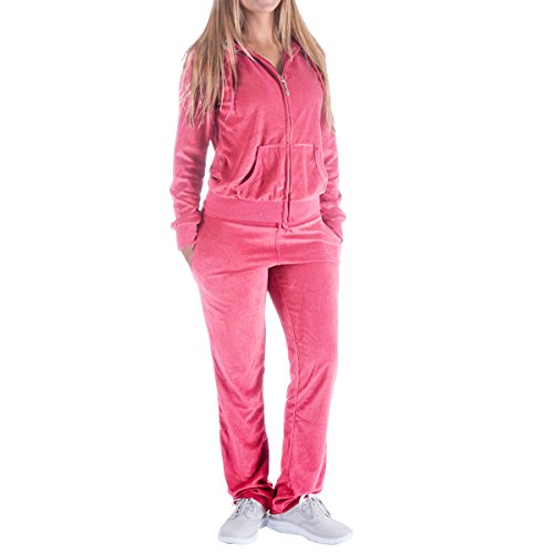 Facitisu Women's 2 Piece Outfits Velvet Zip Hoodie Sweatshirt & Sweatpants Sweatsuits and Velour Tracksuit Sets Jogging Suit Large Coral