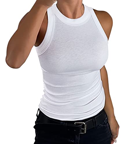 GEMBERA Womens Sleeveless Racerback High Neck Casual Basic Cotton Ribbed Fitted Tank Top White M