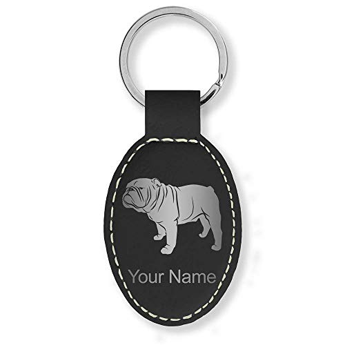 LaserGram Oval Keychain, Bulldog Dog, Personalized Engraving Included (Black with Silver)