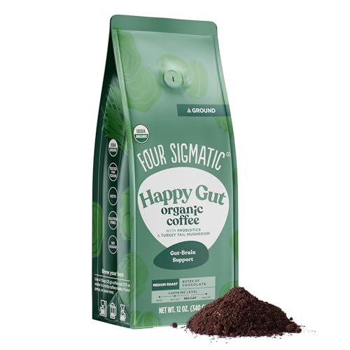 Four Sigmatic Happy Gut Organic Ground Coffee | Medium Roast Fair Trade Gourmet Coffee with Chaga & Turkey Tail | Immune Boosting, Probiotic Mushroom Coffee for Gut Health & Immune Support | 12oz Bag