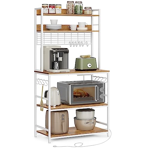 VASAGLE Hutch Bakers Rack with Power Outlet, 14 Hooks Microwave Stand, Adjustable Coffee Bar with Metal Wire Panel, Kitchen Storage Shelf, 15.7 x 31.5 x 66.9 Inches, Rustic Walnut and White UKKS025W41