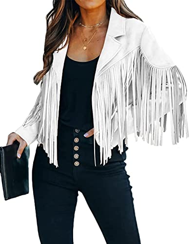 ebossy Women's Suede Fringe Jacket Long Sleeve Slim Faux Leather Boyfriend Cropped Top with Tassles (X-Large,White)