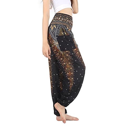 Boho Pants Harem Pants Yoga Trousers for Woman Bohemian Beach Pants (Loosen up Black, Medium)