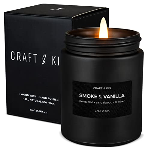 Scented Candles for Men | Wood & Vanilla Scented Candles | Spring Candles | Soy Candles for Home Scented | Masculine Candle, Wood Wicked Candles | Vanilla Candle in Black Jar