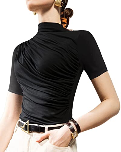 Avanova Women's Mock Neck Short Sleeve T-Shirt Ruched Dressy Tops Casual Elegant Tee Black X-Large