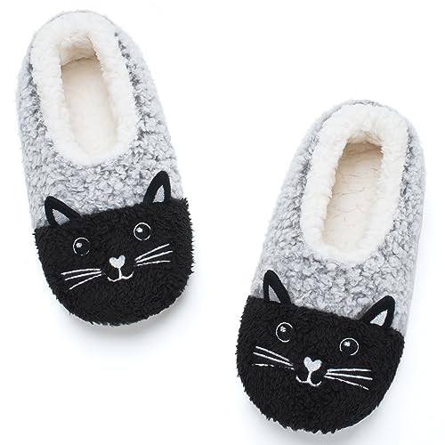 Cozylook Cute Animal Indoor Slippers for Women Kids Girls, Fuzzy Bedroom Cartoon Slip On Shoes, Kawaii Funny Face Warm Cozy Fluffy House Socks, Fun Christmas Gifts Unique, Black Cat Adult Size 7-8
