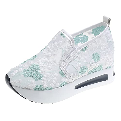 Summer Breathable Mesh Platform Wedges Sneakers for Women Flower Embroidery Lace Round Head Casual Sports Shoes Green, 6.5