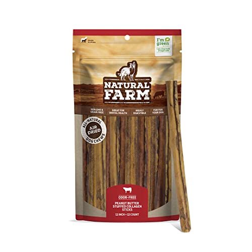Natural Farm Peanut Butter Stuffed Collagen Sticks for Dogs (12 Inch, 12-Pack), Rawhide-Free Collagen Sticks, Natural Dog Chews, Long Lasting, for Small, Medium and Large Dogs