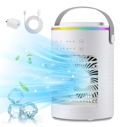 Portable Air Conditioners, 3 Speeds Rechargeable Evaporative Personal Air Cooler With 5000 mAh Battery & 7 Colors LED Light, 2-8H Timer Mini Cooling Fan for Room, Office, Car(White)