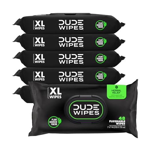 DUDE Wipes - Flushable Wipes - 6 Pack, 288 Wipes - Herbal Relief Extra-Large Wet Wipes - Witch Hazel & Geranium Essential Oils - Septic and Sewer Safe Butt Wipes For Adults