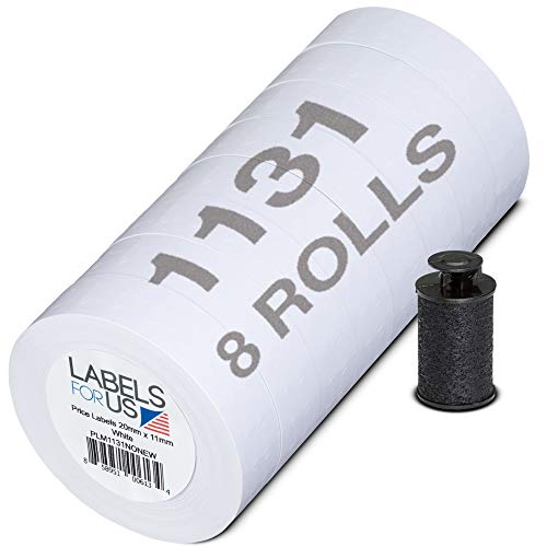 Labels for Us - Price Labels for Monarch 1131 Price Gun - White - 20,000 Labels - Pack with 8 Rolls - Ink Roller Included