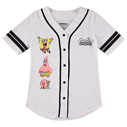 SpongeBob SquarePants Ladies Baseball Jersey - Spongebob, Mr Krabs, Squidward, Patrick Star - Mesh Button Down Baseball Jersey (White Baseball, Medium)