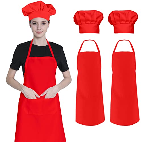 Hi loyaya 2 Pack Red Apron and Chef Hat for Women Men, Baking BBQ Cooking Kitchen Aprons with Pockets (Red)