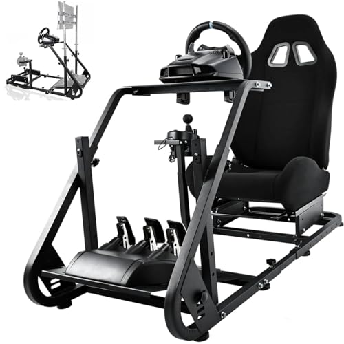 Hottoby Adjustable Sim Racing Cockpit with Black Seat Mountable Monitor Stand Fit for Logitech/Thrustmaster/Fanatec G920 G923 G29 Frame Double Arm Reinforcement No Steering Wheel,Pedal,Handbrake
