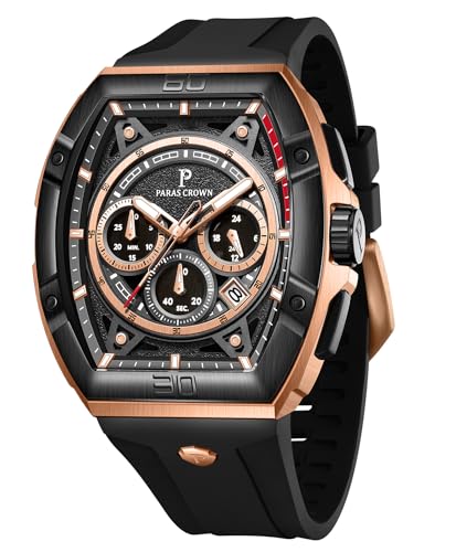 PC PARAS CROWN Watches for Men Tonneau Waterproof Quartz Luxury Chronograph Analog Men's Wrist Watches Stainless Steel Mens Watches