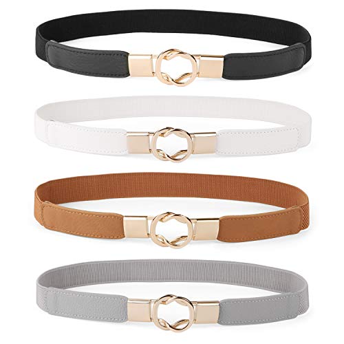 WERFORU Women Skinny Belt for Dresses Retro Stretch Ladies Waist Belt Plus Size Set of 4 (Fits Waist 30'-42', a-black+brown+white+gray)