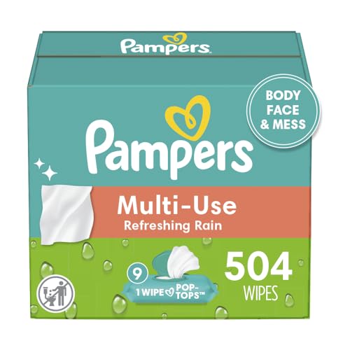 Pampers Multi Use Baby Wipes, Refreshing Rain, Body, Face & Mess Wipes, 9 Flip-Top Packs (504 Wipes Total)