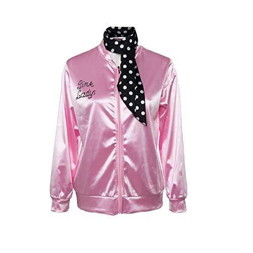 INTERMING Womens 1950s Pink Satin Jacket with Neck Scarfs Halloween Cosplay Costume, Small