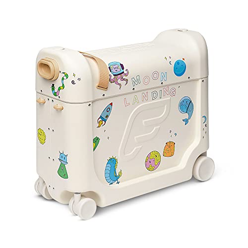 JetKids by Stokke BedBox, Kid's Ride-On Suitcase & In-Flight Bed, Help Your Child Relax & Sleep on the Plane, Best for Ages 3-7, White/Full Moon