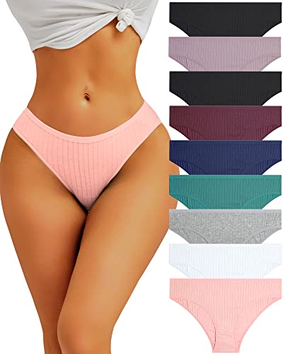 FINETOO 9 Pack Cotton Underwear for Women Sexy Low Rise Ribbed Hipster Breathable Soft Womens Bikini Panties Cheeky S-XL
