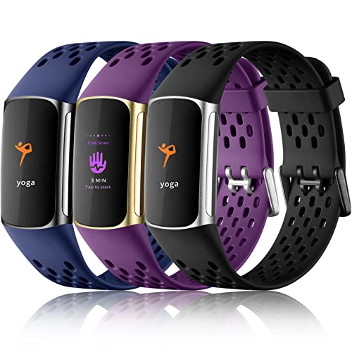 Maledan 3 Pack Bands Compatible with Fitbit Charge 6 Bands/Fitbit Charge 5 for Women Men, Waterproof Replacement Wristbands Breathable Sport Band for Fitbit Charge 5/ Charge 6, Black/Plum/Navy Blue