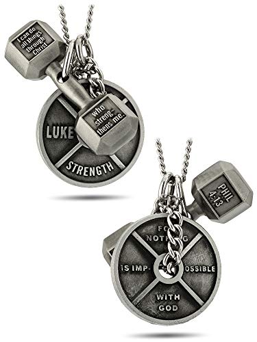 Shields of Strength Women's Weight Plate and Dumbbell Pendant Combo Necklace Philippians 4:13 & Luke 1:37 Bible Verses Weightlifters Christian Jewelry