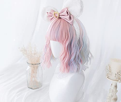 SOOXU Pastel Fairy Wig Ombre Pink Blue Wigs for Girls Women, Short Wavy Kawaii Wig for Cosplay Harajuku Lolita Anime