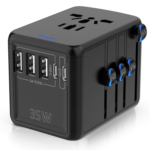 JMFONE 35W PD Universal Travel Adapter, Fast Charging International Power Plug Adapter with 3*USB-A & 2*USB-C Ports and Multi AC Sockets, All-in-one Travel Outlet Conversion Plugs for 200+ Countries