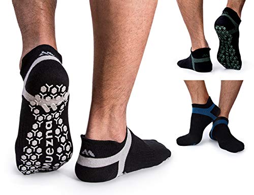 Muezna Men's Non-Slip Yoga Socks, Anti-Skid Pilates, Barre, Bikram Fitness Hospital Slipper Socks with Grips, Black+grey/Black+navy/Black+ green, 9-11