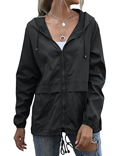Muzeca Women's Waterproof Rain Jackets Lightweight Packable Raincoats Outdoor Hooded Windbreaker with Pockets Black Large