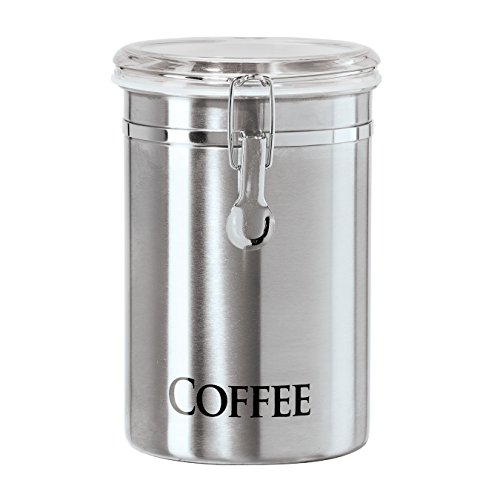 Oggi Stainless Steel Coffee Canister 62 fl oz - Airtight Clamp Lid, Clear See-Thru Top - Ideal for Coffee Bean Storage, Ground Coffee Storage, Kitchen Storage, Pantry Storage. Large Size 5' x 7.5'.