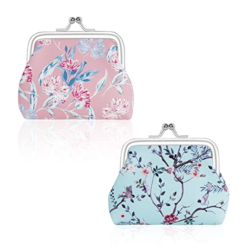 FuninCrea 2 Pcs Coin Purse for Women, Faux Leather Coin Purses with Kiss Lock, Floral Pattern Change and Coin Wallet Double Clasp Closure Mini Purse for Cash, Coin, Key (Blue+Dark Pink)