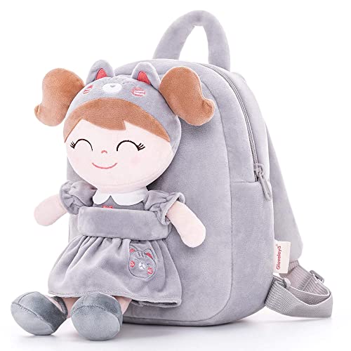 Gloveleya Cat Backpack Toddler Backpack Soft Plush Backpack with Plush Doll Gray
