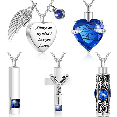 Fumete 5 Pcs Urn Necklace for Ashes Keepsake Cremation Heart Cross Cubic Jewelry for Ashes Stainless Steel Memorial Locket Ashes Keepsake Necklace for Women Men Loved Ones, 5 Styles (Dark Blue)