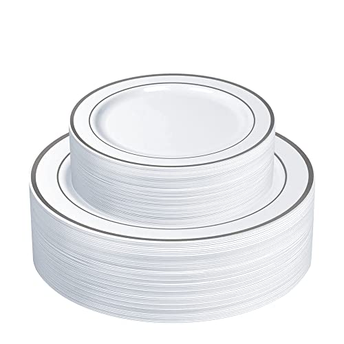 SETUP [60 Piece Combo Silver Trim Plastic Plates - Premium Heavy-Duty 30 Disposable 10.25' Dinner Party Plates and 30 Disposable 7.5' Salad Plates