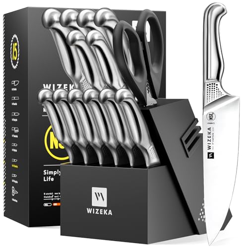 WIZEKA Kitchen Knife Set with Block,15PCS German Stainless Steel Knife Block Set,One-Piece Design Knives Set for Kitchen, Professional Knife Set with Built-in Sharpener,Starry Sky Series