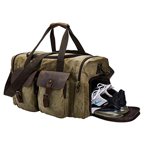 BRASS TACKS Leathercraft Men's Waxed Canvas Vintage Overnight Duffel Weekend Bag with Shoes Compartment (Khaki)