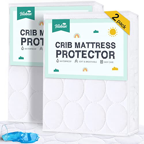 Crib Mattress Protector Sheets Waterproof 2 Pack, Quilted Crib Mattress Pad Cover Fitted Fits for Baby Toddler Bed Mattress, White, 52” x 28”