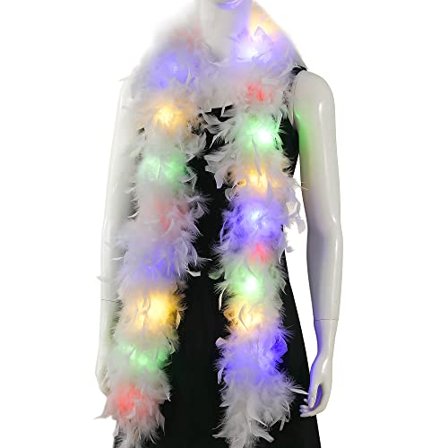 Larryhot Chandelle White Feather Boa - 2Yards 75g Colorful 20 LED Lights Boas for Party,Wedding,Halloween Costume,Christmas Tree and Home Decoration (White)