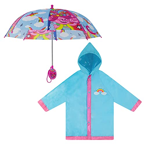DreamWorks Girls Trolls Rain Wear, Umbrella And Poncho raincoat Set For Kids Ages 4-5