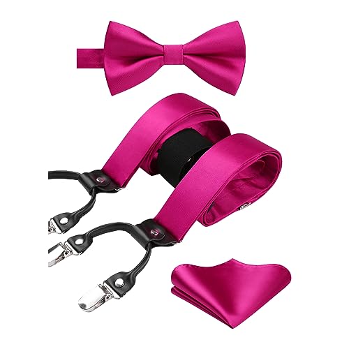 HISDERN Pink Bow Tie and Suspenders for Men Solid Handkerchief 6 Clips Adjustable Y Shape Tuxedo Hot Pink Suspenders & Pocket Square Set Wedding Party Braces