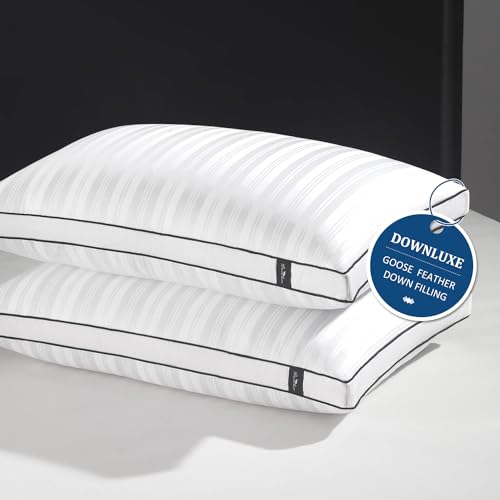 downluxe Goose Down Pillows - 2 Pack Gusseted Feather Pillows, Down Pillows Queen Size Set of 2, 18'x26'x2'