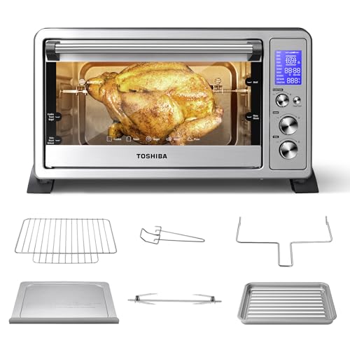 TOSHIBA AC25CEW-SS Large 6-Slice Convection Toaster Oven Countertop, 10-In-One with Toast, Pizza and Rotisserie, 1500W, Stainless Steel, Includes 6 Accessories