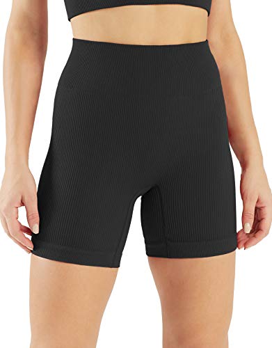 Ribbed Biker Shorts for Women High Waist Athletic Workout Running Gym Shorts Butt Lifting Freely Combined Work Out Gym Set (Y008SPM-Black) Medium